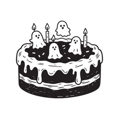 A charming hand drawn doodle line art sticker showcasing a whimsical Halloween cake. 