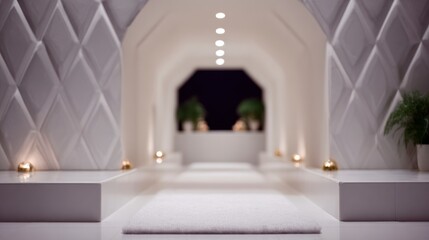 Modern white hallway with diamond patterned walls soft lighting and a plush white rug leading to a dark opening