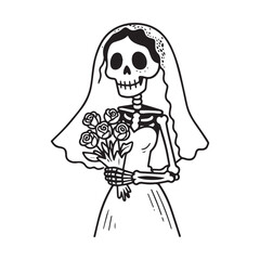 A charming hand-drawn doodle sticker of a skeleton bride with a delicate lace veil and a bouquet of dried roses.