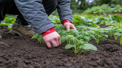 Fototapeta premium Gardener tending to young plants in a garden bed