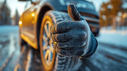 Frosty gloved hand gives thumbs up in front of winter tire on icy road