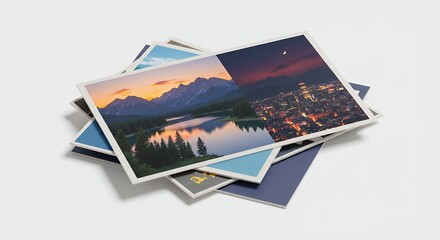 Postcards stacked displaying diverse landscapes