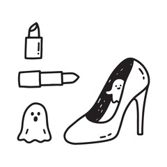 A hand drawn doodle line art sticker set features a lipstick tube and a high heel shoe in a charming, minimalistic style. 