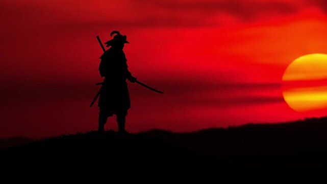 Silhouette of a samurai warrior holding a katana, standing on a small hill during a dramatic sunset, glowing orange and red sky, minimalistic background