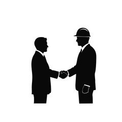 Fototapeta premium A silhouette illustration depicts two professional men, one wearing a hard hat, shaking hands to signify a successful business agreement or partnership.