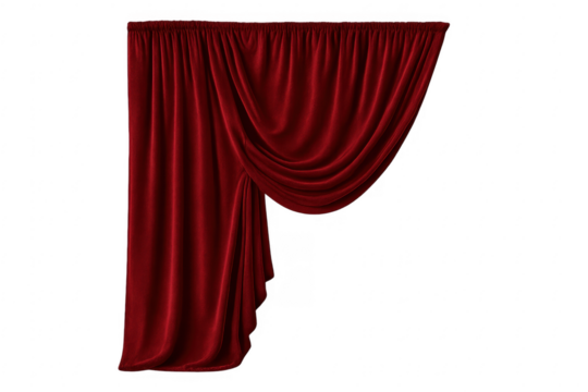 Elegant red curtain draped on transparent background
