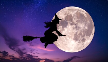 Mysterious witch silhouette soaring across a starry night sky with a luminous full moon