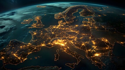 Obraz premium The map of Europe with glowing lights connecting cities, representing global connectivity and the telecommunication networks across various countries,