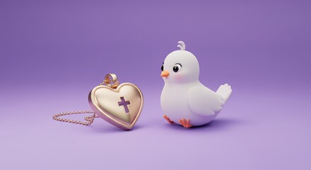 White bird figurine and gold heart pendant