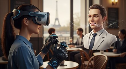 Woman using vr headset in paris cafe experiencing virtual reality metaverse avatar meeting