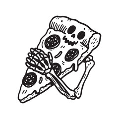 A quirky black and white doodle line art illustration featuring a single slice of pizza being affectionately hugged by a skeletal arm. 