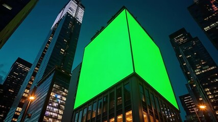 Dynamic cityscape with a vibrant green screen billboard at night, perfect for advertising - Powered by Adobe