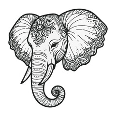 Detailed Black and White Elephant Head Illustration