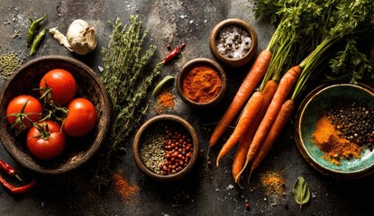 Fresh vegetables and spices on dark background, cooking preparation, overhead view, food blog use