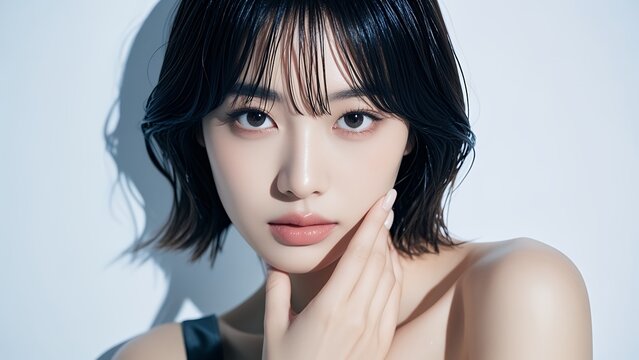 ウェットヘアでカメラを見つめるモードな女性