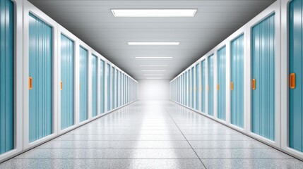 Obraz premium Clean empty storage unit hallway with rows of identical blue doors and white frames