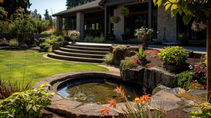 Obraz premium Beautifully landscaped garden features stone pond, vibrant flowers, and well maintained greenery, creating serene outdoor space that invites relaxation and enjoyment