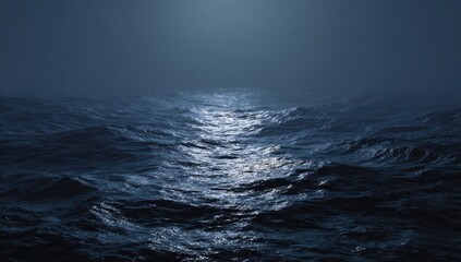 Obraz premium A moonlit path across a dark, choppy sea; waves reflect light, creating a glistening, narrow channel leading to a hazy horizon under a night sky