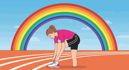 A woman preparing to run on a track with a rainbow in the background vector art