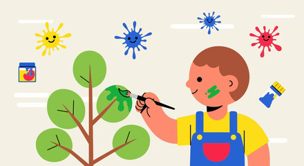A cheerful boy painting a tree with colorful blots of paint in a whimsical illustration style