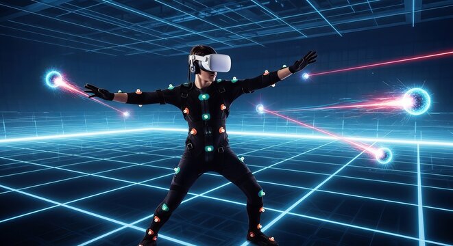 Experience virtual reality gaming: man in vr headset playing interactive game simulation