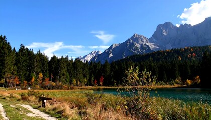 Lake surrounded by lush forest and majestic mountains under clear sky in autumn season