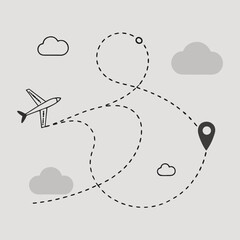 Flight navigation line with location markers and dashed trail