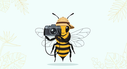 Adorable bee photographer with a safari hat taking pictures on a tropical backdrop