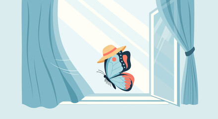 Adorable butterfly wearing a straw hat is flying through an open window  illustration of spring or summer adventures and whimsical themes