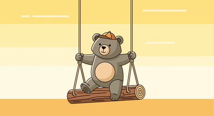 Fototapeta premium Adorable Cartoon Bear on a Swing Illustration with a Warm and Playful Composition of Nostalgia