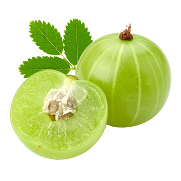 Amla Berry Freshness: A close-up of a vibrant amla berry, with one cut open to showcase its juicy interior and fresh, green leaves. Capture a burst of freshness and health.