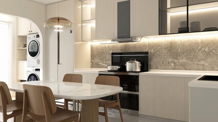 Luxury, modern white kitchen counter in dining room by laundry area in sunlight for interior design decoration, cooking, food, kitchenware product background 3D