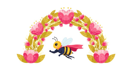 Fototapeta premium A cute superhero bee flying through a floral archway illustration for children