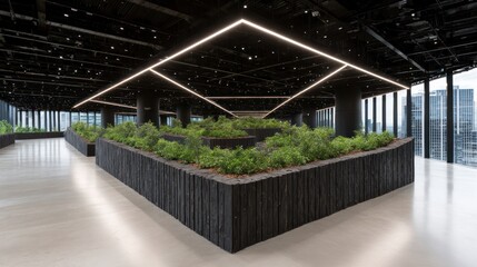 Fototapeta premium Modern office interior with indoor green planters and geometric lighting