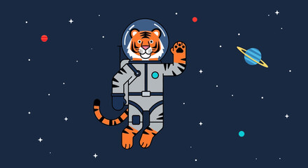 A cute tiger astronaut floats in space surrounded by stars and planets illustration