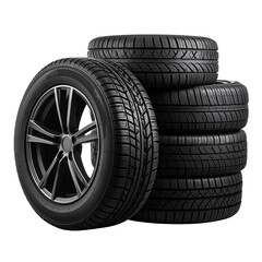 Wheel Stack Isolated On White Background: A close-up shot of a stack of new car wheels showcasing the intricate tread patterns and sleek, modern design, representing automotive excellence. 