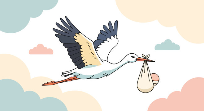 A delightful illustration of a stork carrying a baby on a pastel cloud background, perfect for welcoming a new arrival