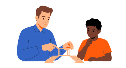 Man and boy building bridge with blocks learning together teamwork concept high quality professional