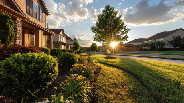 Beautiful suburban landscape featuring well maintained lawns, colorful flower beds, and houses under bright sky. sun sets in background, creating warm and inviting atmosphere