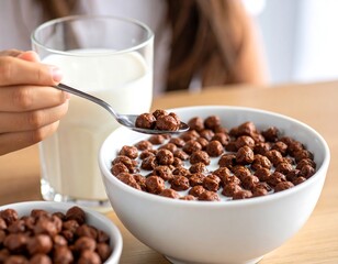 Child eating chocolate cereal with milk