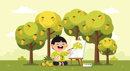 A happy boy is painting mango trees in a colorful illustration with a joyful artistic expression in a garden setting