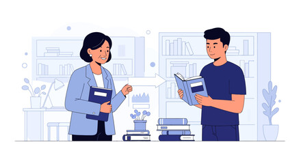 A woman in a blue blazer discusses a book with a young man holding an open book in a library setting with bookshelves.