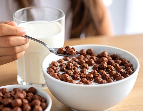 Child eating chocolate cereal with milk