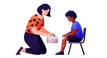 A woman providing first aid to a young boy with a knee injury, applying a bandage.