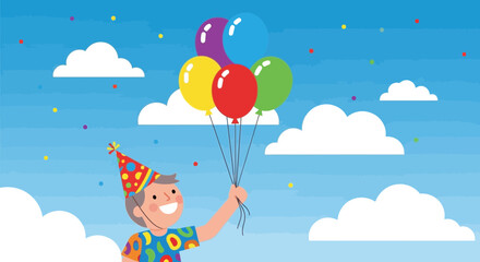 Fototapeta premium A joyful boy celebrating birthday with colorful balloons under a cloudy sky backdrop