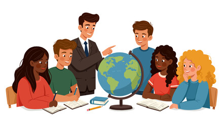 Teacher explaining globe to students in classroom learning geography together high quality professional
