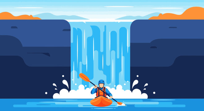 Adventurous kayaking experience in front of a majestic waterfall surrounded by cliffs