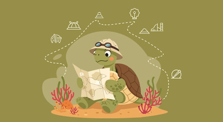 Adventurous Turtle Explorer Navigating with Map And Icons Creative Illustration