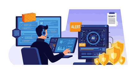 Fototapeta premium Ai Driven Cyber Security Specialist Monitoring Network Data Protection System
