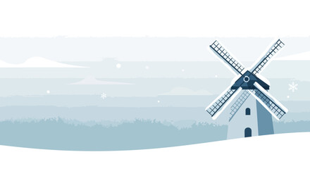 A picturesque winter scene with a snow-covered windmill set against a serene backdrop